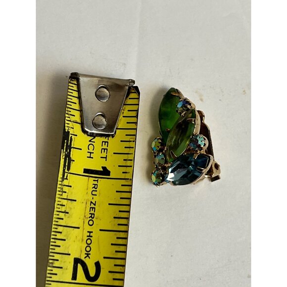 Alice Caviness Vintage Gold-Tone Clip-On Earrings W/ Green & Blue Rhinestones - Picture 5 of 9